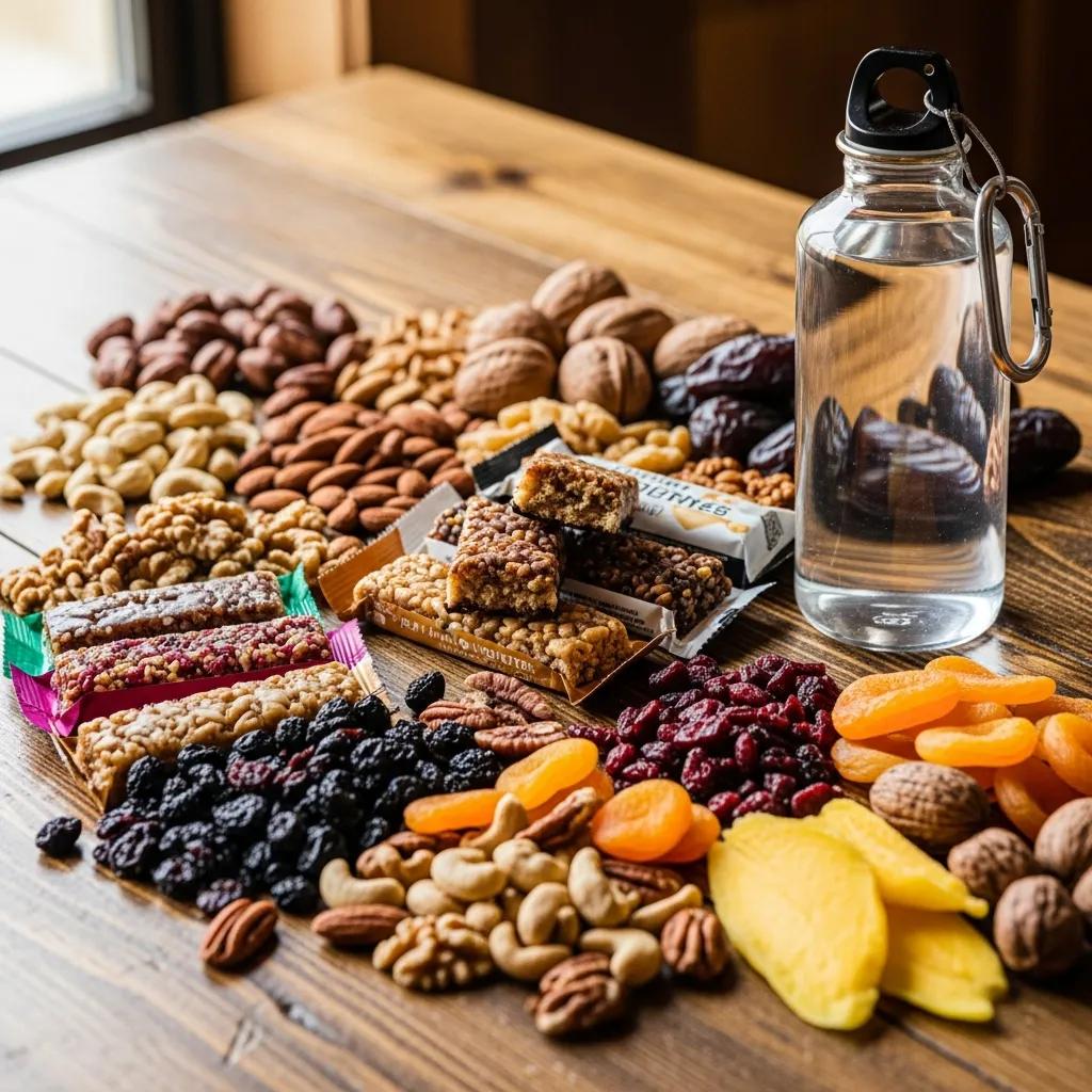 Assorted high-energy snacks including nuts, dried fruits, and energy bars, with a water bottle, emphasizing nutrition and hydration strategies for climbers preparing for high-altitude endurance training.