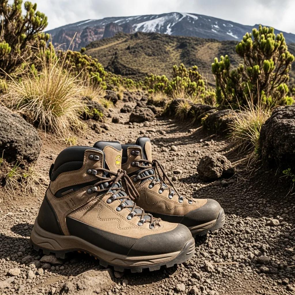 High-quality climbing boots on a rugged trail, showcasing features for Kilimanjaro hiking