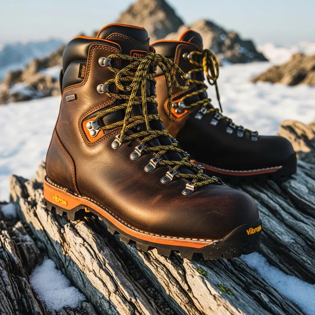 High-quality climbing boots on rocky terrain, showcasing rugged soles and insulation features