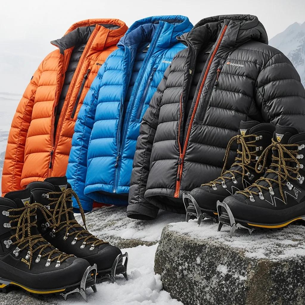 High-quality insulated jackets in orange, blue, and black with mountaineering boots featuring crampons, ideal for Everest expeditions.