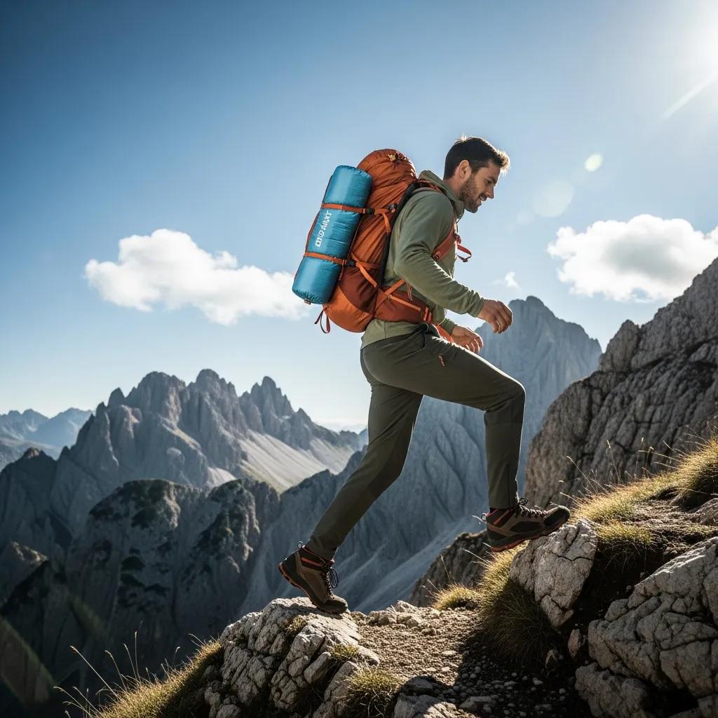Hiker carrying an ultralight sleeping bag on a mountain trail