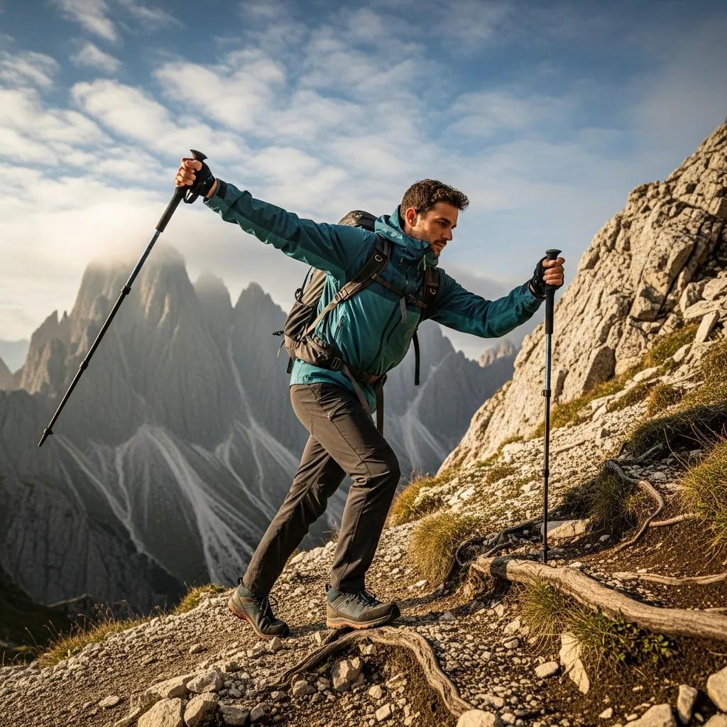 Hiker demonstrating proper usage techniques for trekking poles on a mountain trail, emphasizing stability and balance