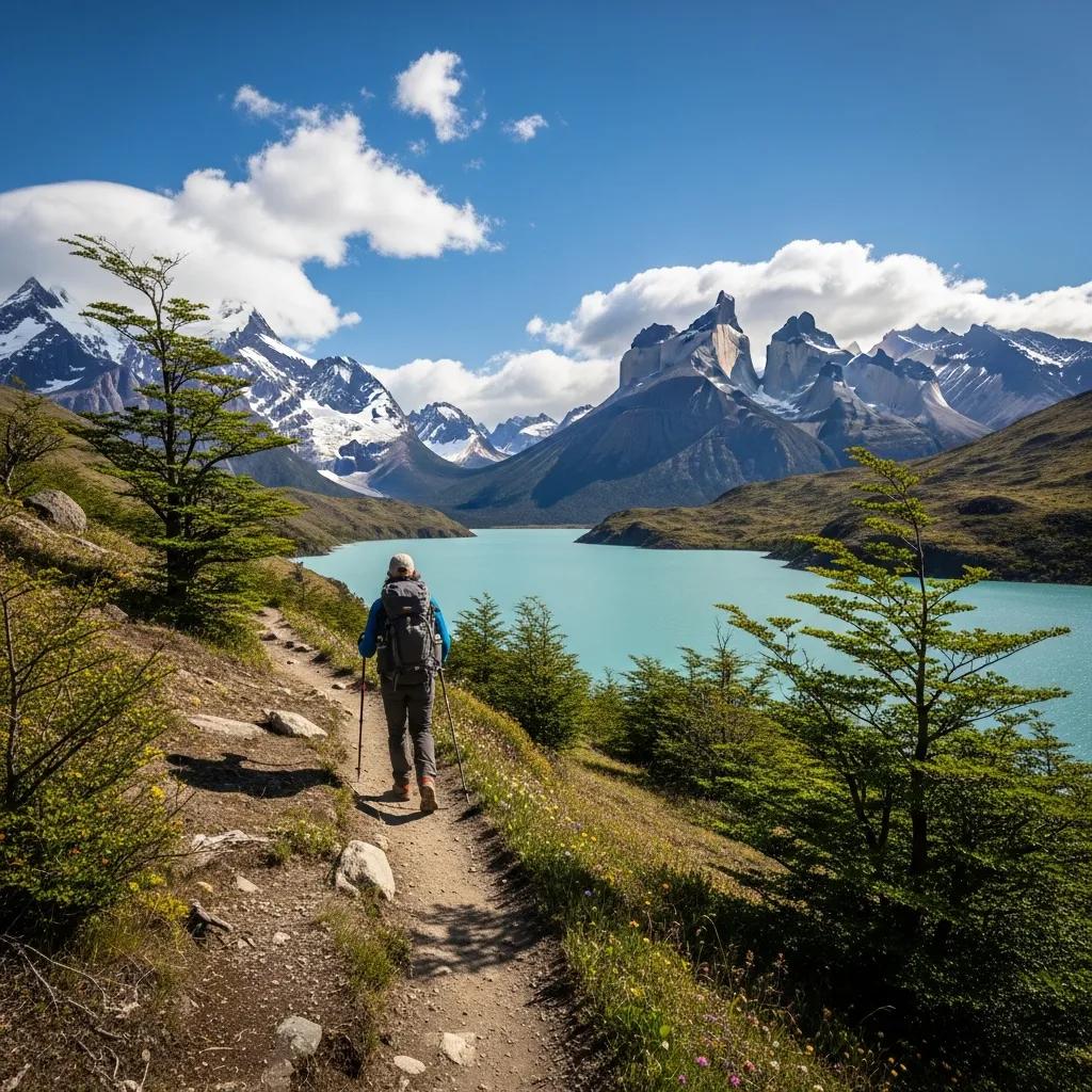 Hiker on the W Circuit trail in Torres del Paine with mountains and lakes in the background
