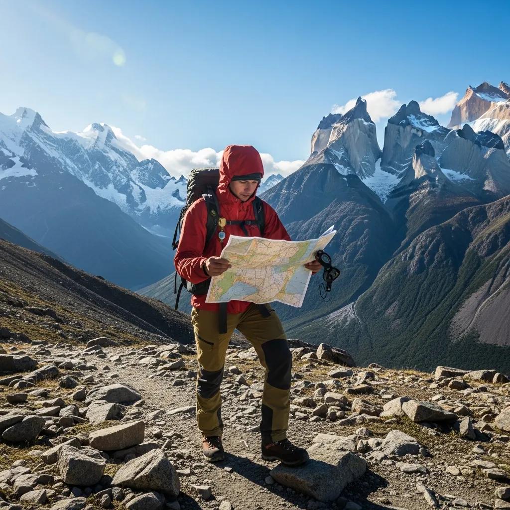 Hiker using a map and compass on a Patagonia trail, emphasizing safety practices
