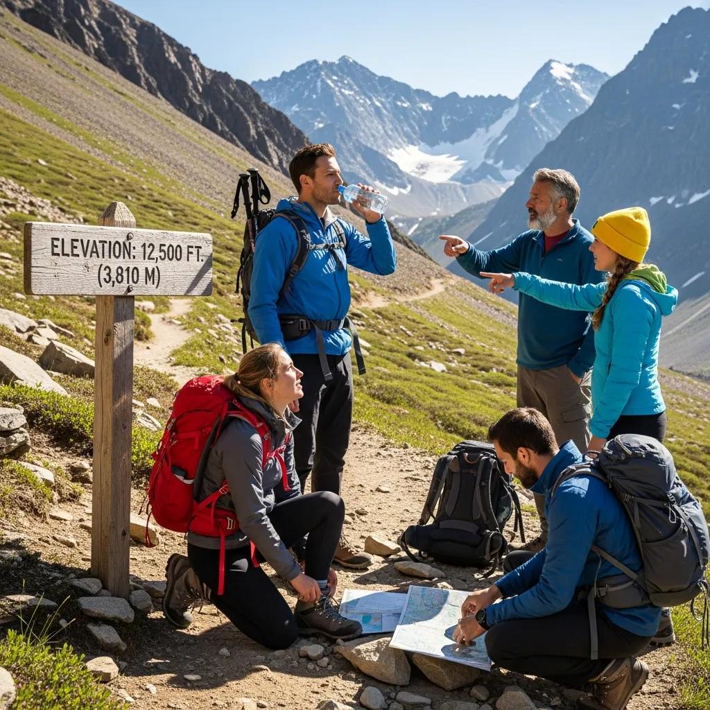 Hikers discussing acclimatization strategies on a mountain trail, emphasizing prevention of altitude sickness