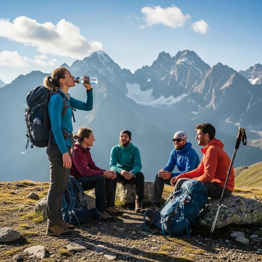 Hikers practicing prevention strategies against altitude sickness in a mountain setting