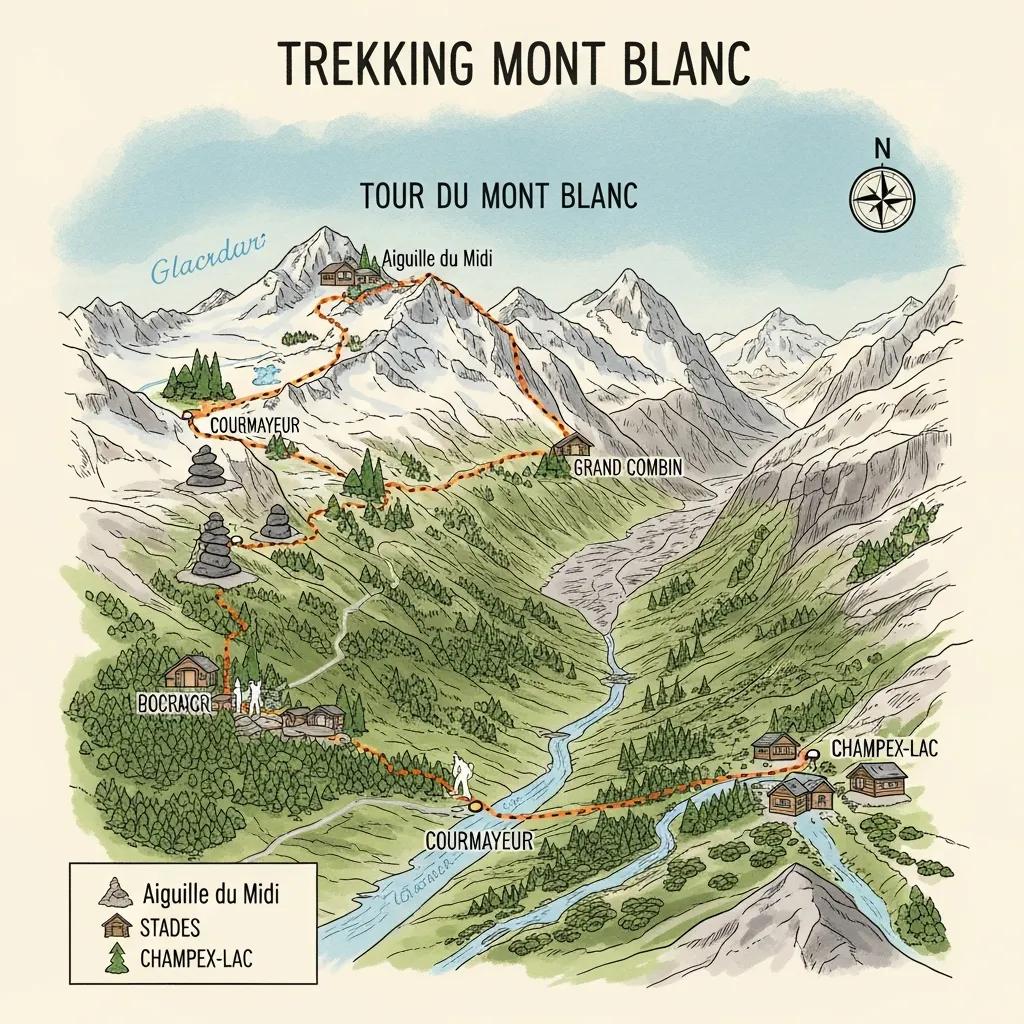 Illustrated trekking itinerary map for the Tour du Mont Blanc