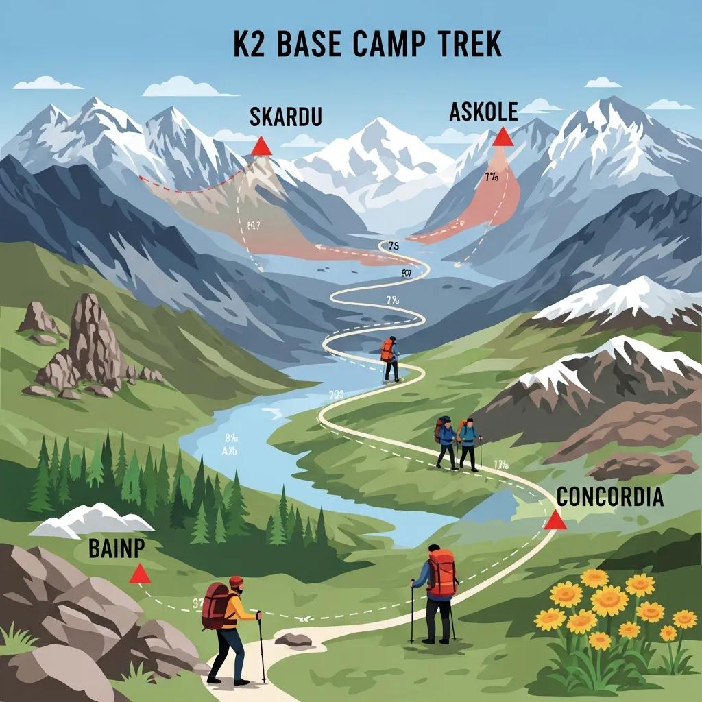 Illustration of K2 Base Camp Trek itinerary with key landmarks and scenic views