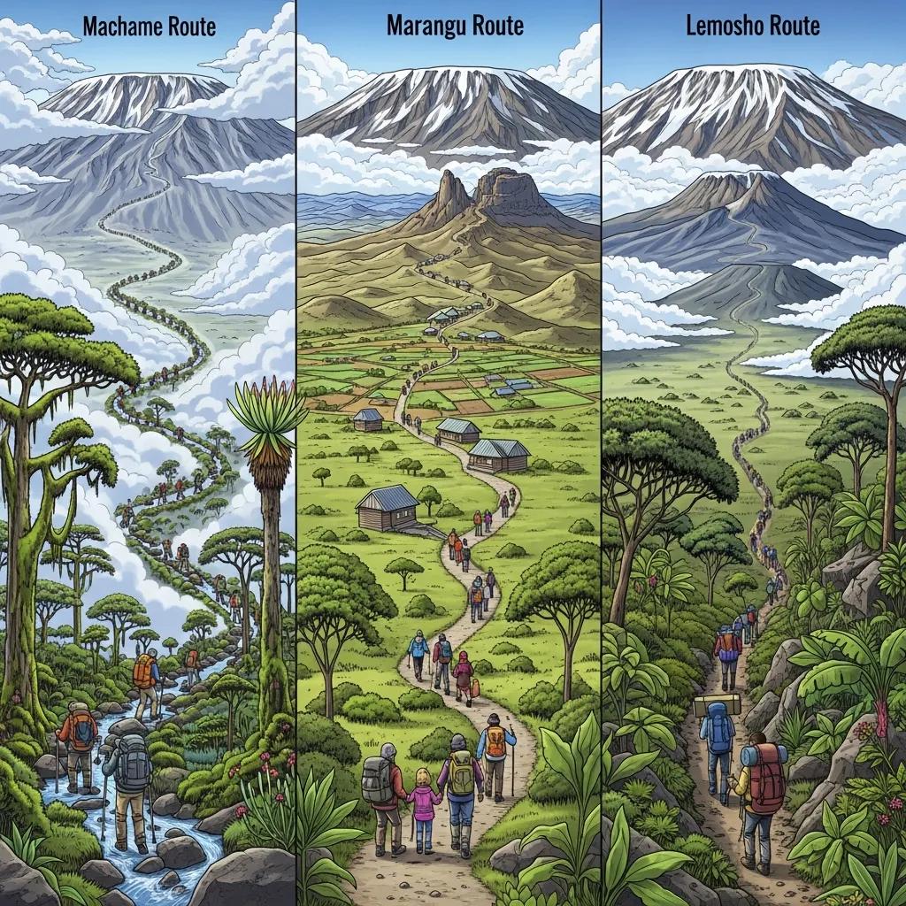 Illustration of Kilimanjaro climbing routes: Machame, Marangu, and Lemosho, showcasing diverse landscapes