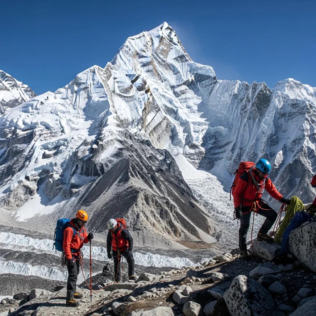 Climbers in red jackets navigating rocky terrain with Lobuche East peak in the background, showcasing high-altitude climbing in Nepal's Everest region.