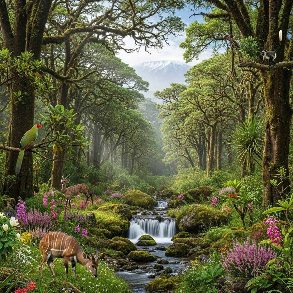 Lush forest on Mount Kilimanjaro showcasing biodiversity, featuring diverse flora, fauna, and a serene stream, emphasizing the importance of conservation efforts in the region.