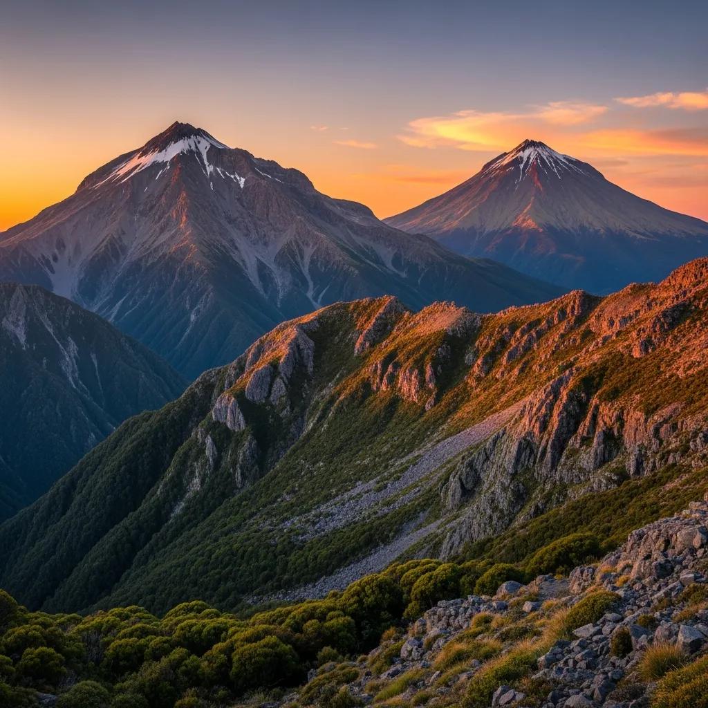 Majestic peaks of Mount Taranaki and surrounding mountains at sunset, showcasing the breathtaking landscapes of Oceania, relevant to climbing adventures in Australia and Oceania.