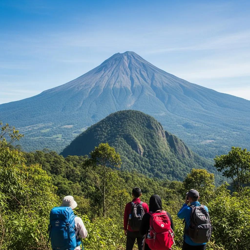 Hikers admiring a majestic sacred mountain landscape, symbolizing spirituality and adventure, amidst lush greenery in a pilgrimage setting.