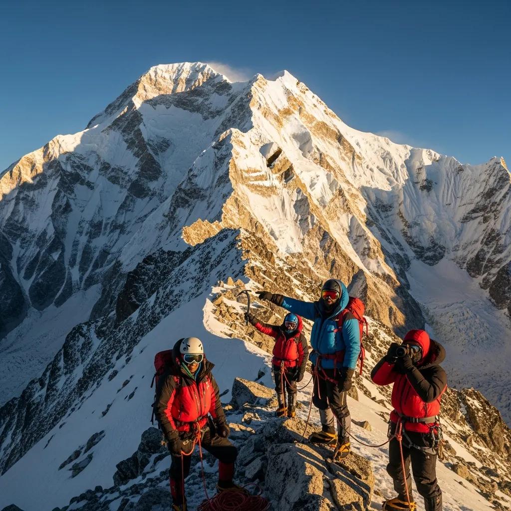 Majestic view of Baruntse peak with climbers, representing adventure in the Himalayas