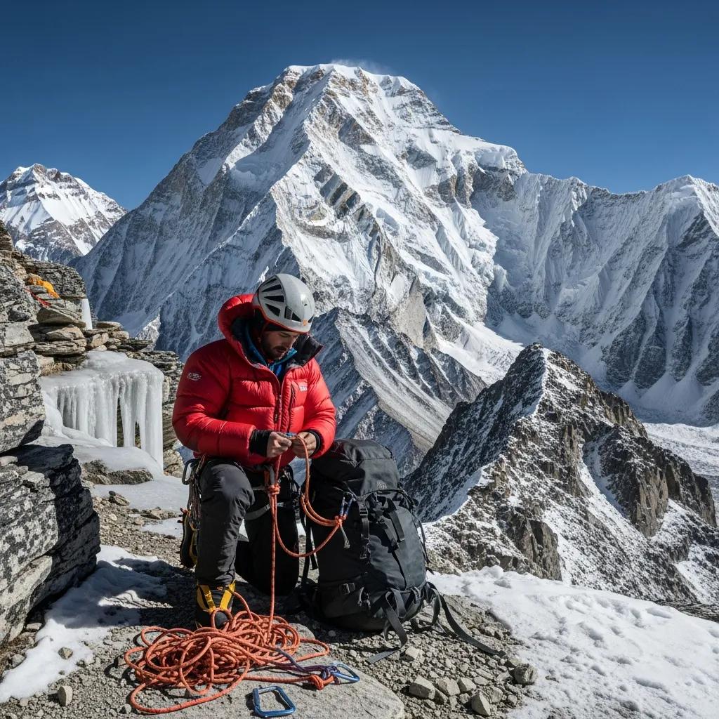 Makalu mountain landscape with a climber preparing gear, representing high altitude mountaineering training
