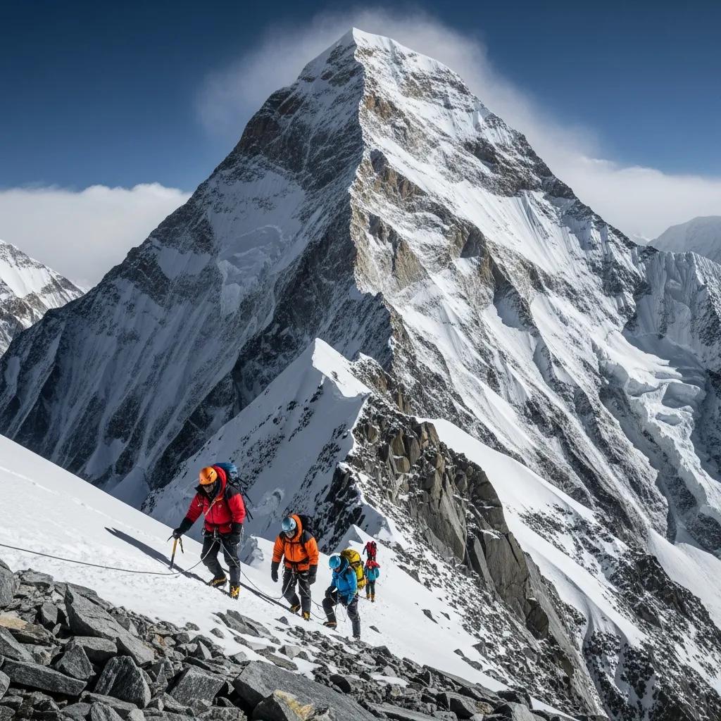 Makalu mountain landscape with climbers in high-altitude gear
