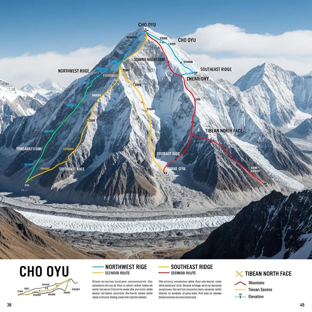 Map of Cho Oyu showing main summit routes: Northwest Ridge, Southeast Ridge, and Tibetan North Face, illustrating climbing options