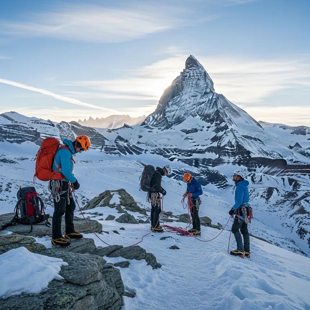 Climbers preparing for ascent on snowy terrain with the Matterhorn in the background, highlighting the thrill of high-altitude climbing and the importance of preparation for the Hörnli Ridge route.