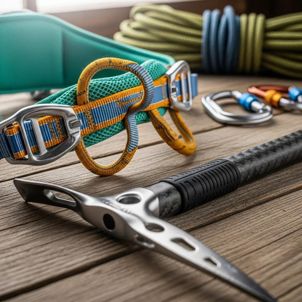 Modern climbing gear including a lightweight harness and ice axe on a wooden surface