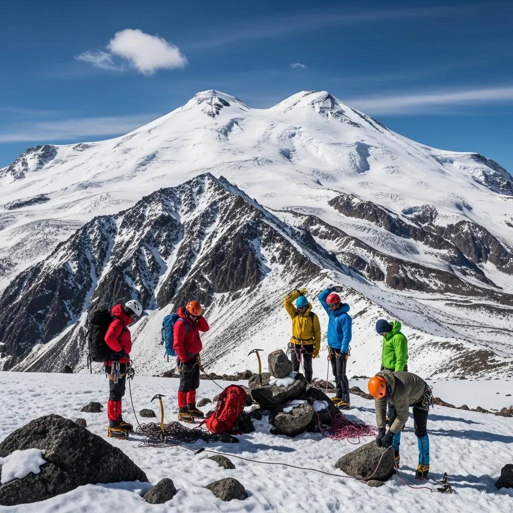 Mount Elbrus with climbers preparing for ascent, showcasing the beauty of high-altitude climbing