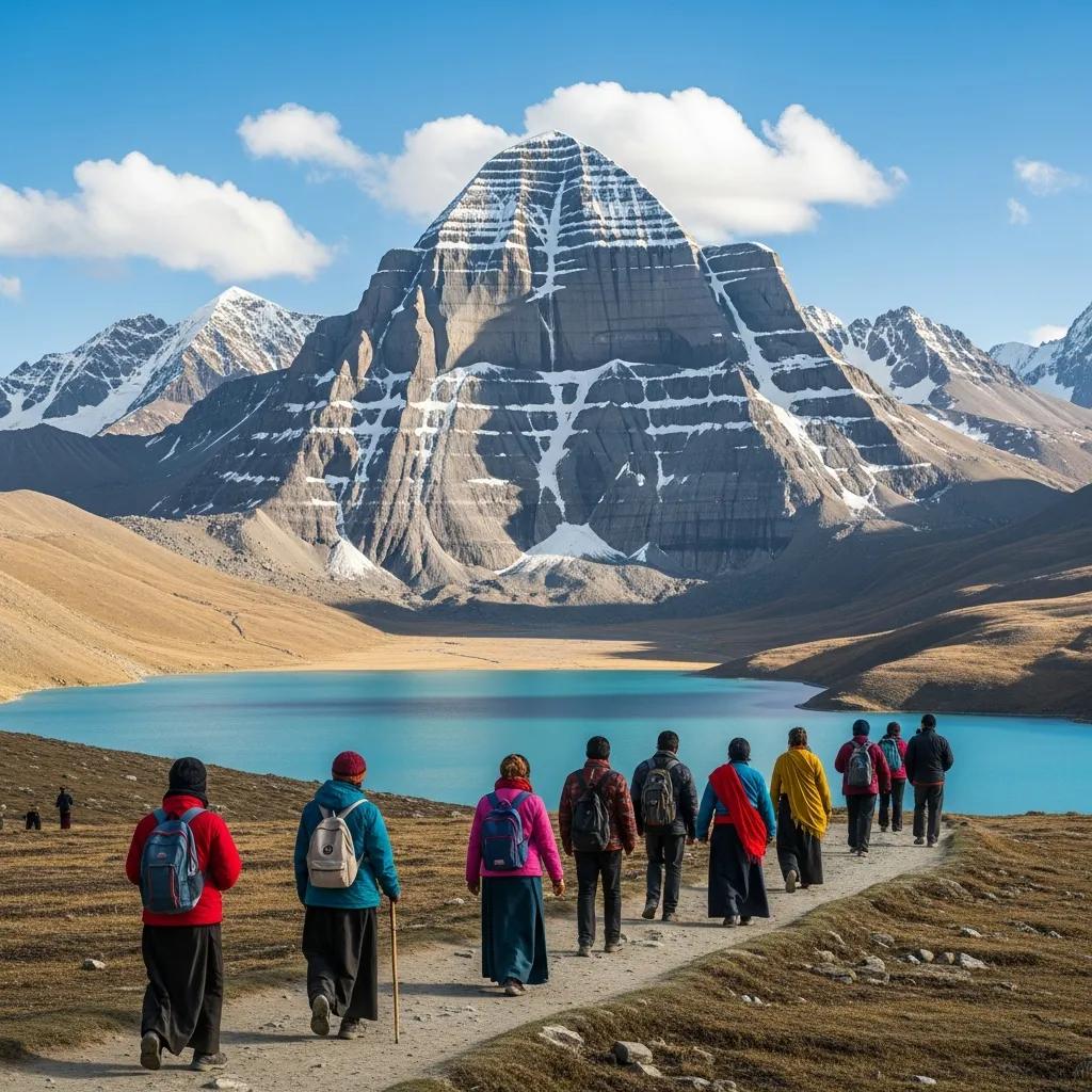 Mount Kailash landscape with pilgrims, symbolizing spiritual journey and adventure