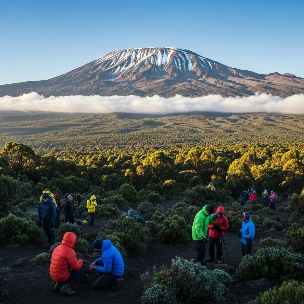 Climbers in colorful jackets preparing for their trek on Mount Kilimanjaro, with the snow-capped peak visible in the background, surrounded by lush greenery and clouds.