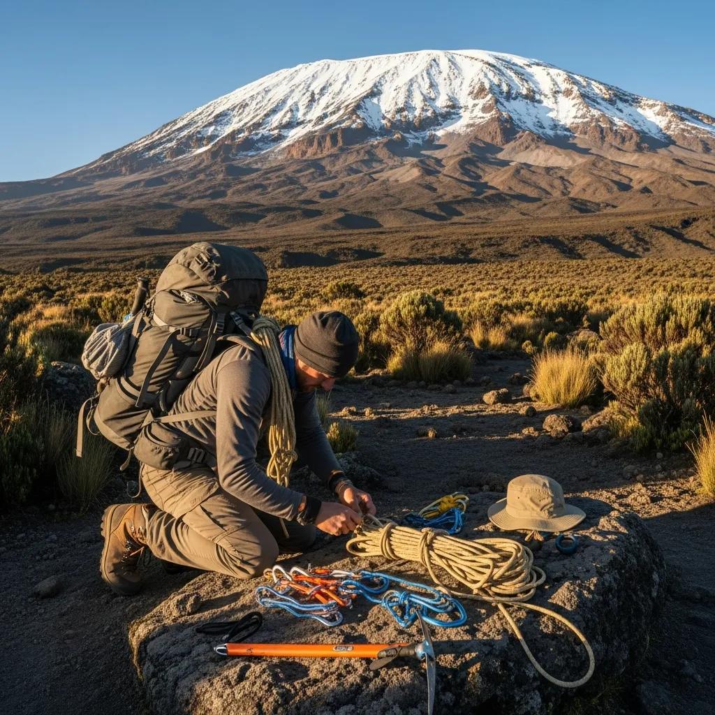 Hiker preparing climbing gear, including ropes and carabiners, with Mount Kilimanjaro's snow-capped peak in the background, emphasizing essential equipment for a successful summit attempt.