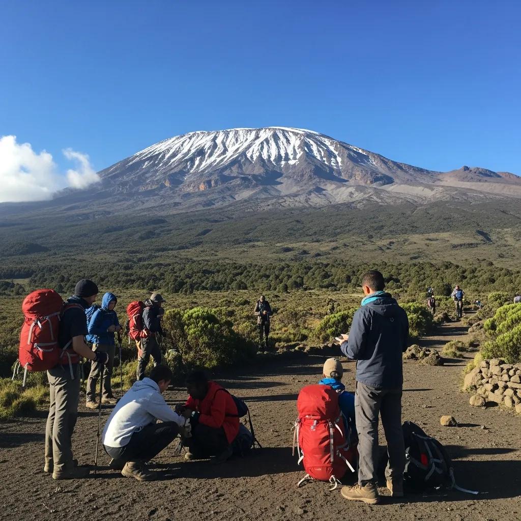 Climbers preparing for a trek on Mount Kilimanjaro, with the snow-capped summit visible in the background, amidst a lush landscape.