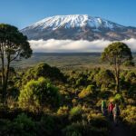 Mount Kilimanjaro landscape with trekkers, showcasing the adventure of climbing
