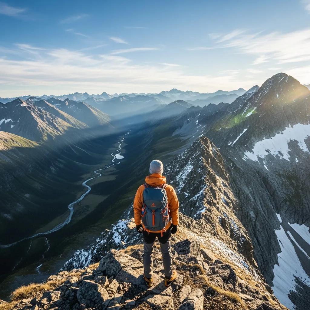 Hiker in orange jacket standing on mountain peak, overlooking vast landscape with valleys and snow-capped peaks, representing high elevation and altitude sickness awareness.