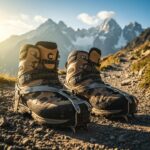 Mountaineering boots on a rocky trail with mountains in the background, symbolizing adventure and exploration