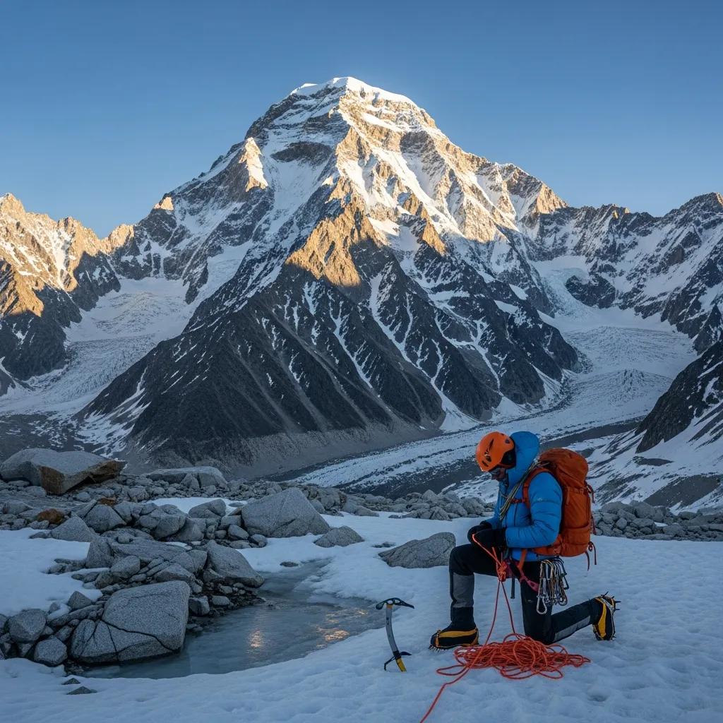 Climber preparing for ascent on Nanga Parbat, surrounded by snow-covered terrain and towering peaks, emphasizing high-altitude challenges and expedition readiness.