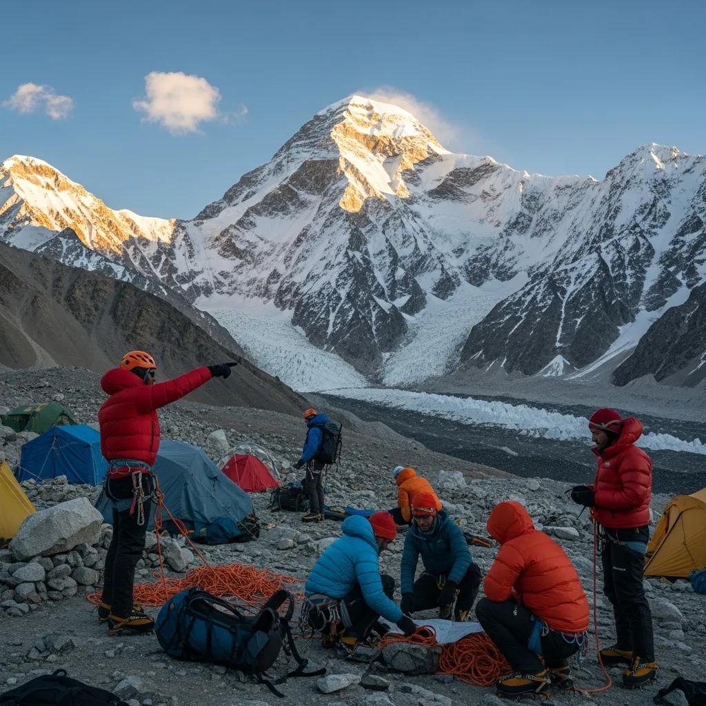 Nanga Parbat mountain landscape with climbers preparing for ascent