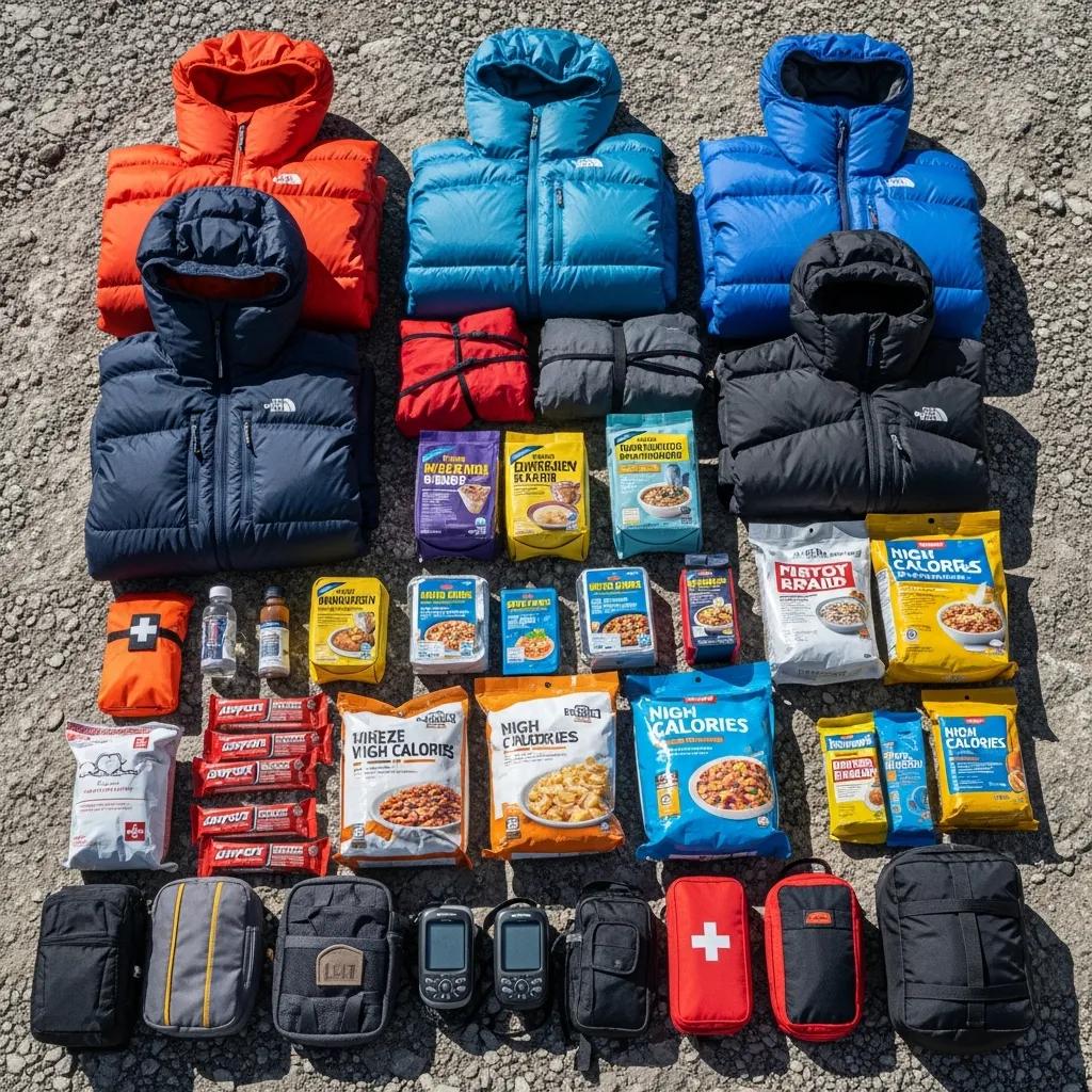 Organized climbing gear for Nanga Parbat expedition, featuring insulated jackets, high-calorie food packs, hydration bottles, and emergency supplies.