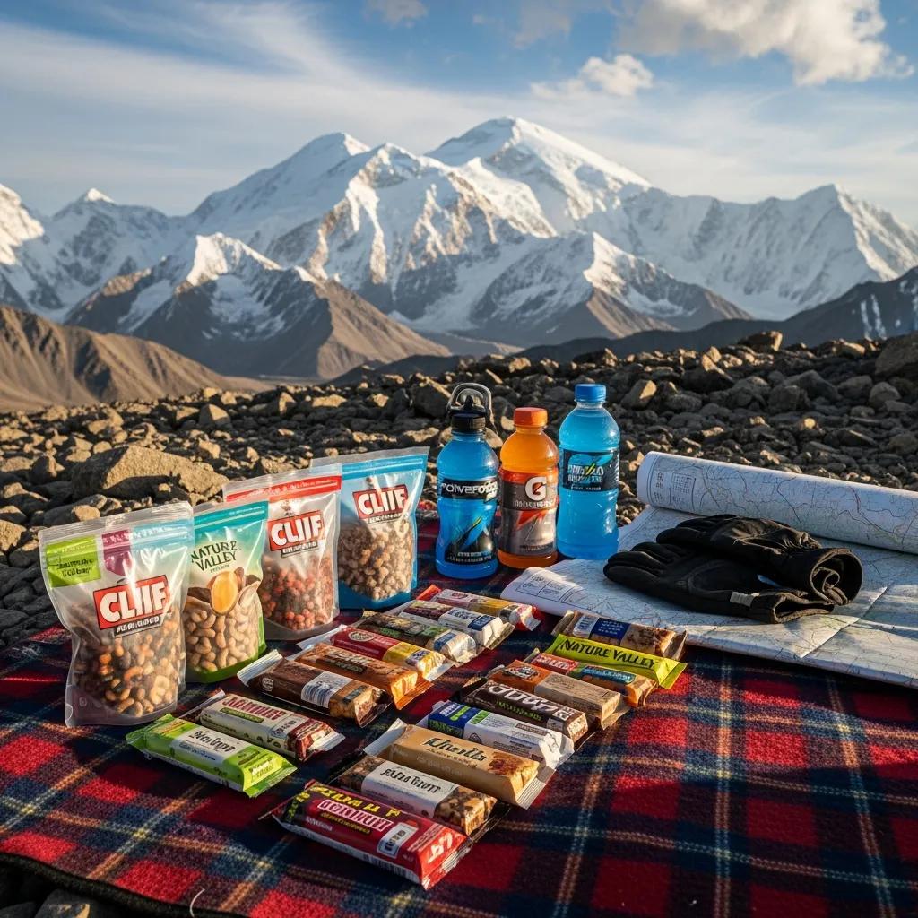 Outdoor meal setup with high-energy foods for climbers, highlighting nutrition management for Denali