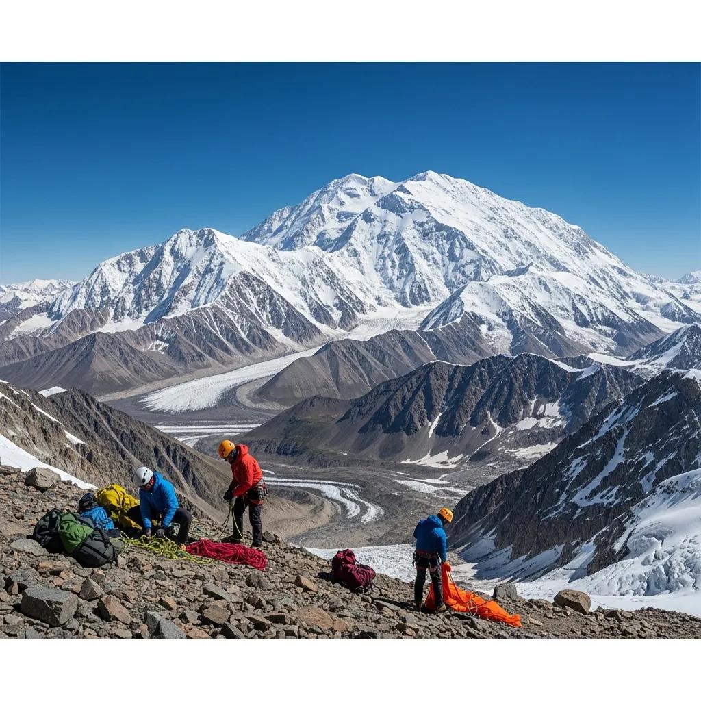 Panoramic view of Denali with climbers preparing for an expedition, highlighting the adventure of climbing