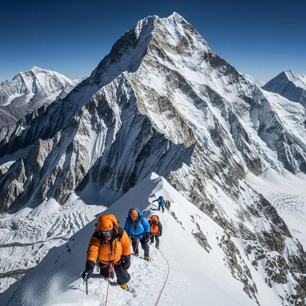 Panoramic view of Mount Makalu with climbers navigating steep ridges, highlighting the challenges of high-altitude mountaineering