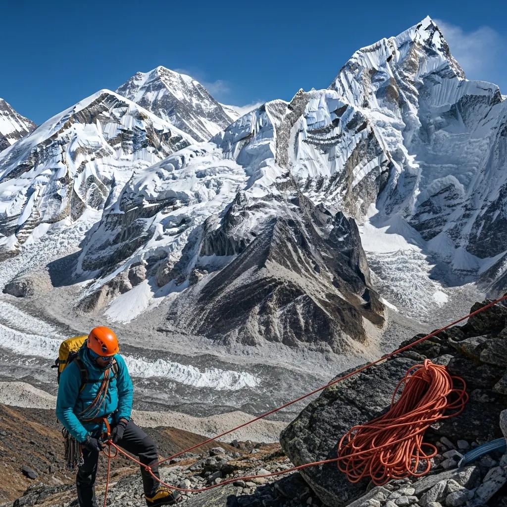 Climber preparing for ascent with Himalayan mountain peaks in the background, showcasing snow-capped summits and rugged terrain, emphasizing the challenges of climbing in Nepal's technical peaks.