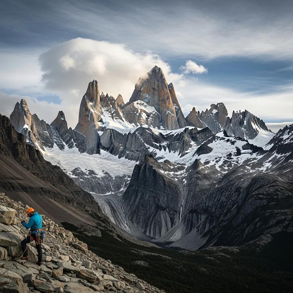 Climber traversing the Chalt&eacute;n Massif with Fitz Roy and Cerro Torre visible in the granite tower landscape &mdash; the climate-change-affected era since approximately 2018 has measurably increased fatality frequency for climbers attempting these Patagonian peaks, with the 2022-2023 season producing a record 5+ deaths across the broader Chalt&eacute;n region including the iconic Korra Pesce rime ice collapse on Cerro Torre