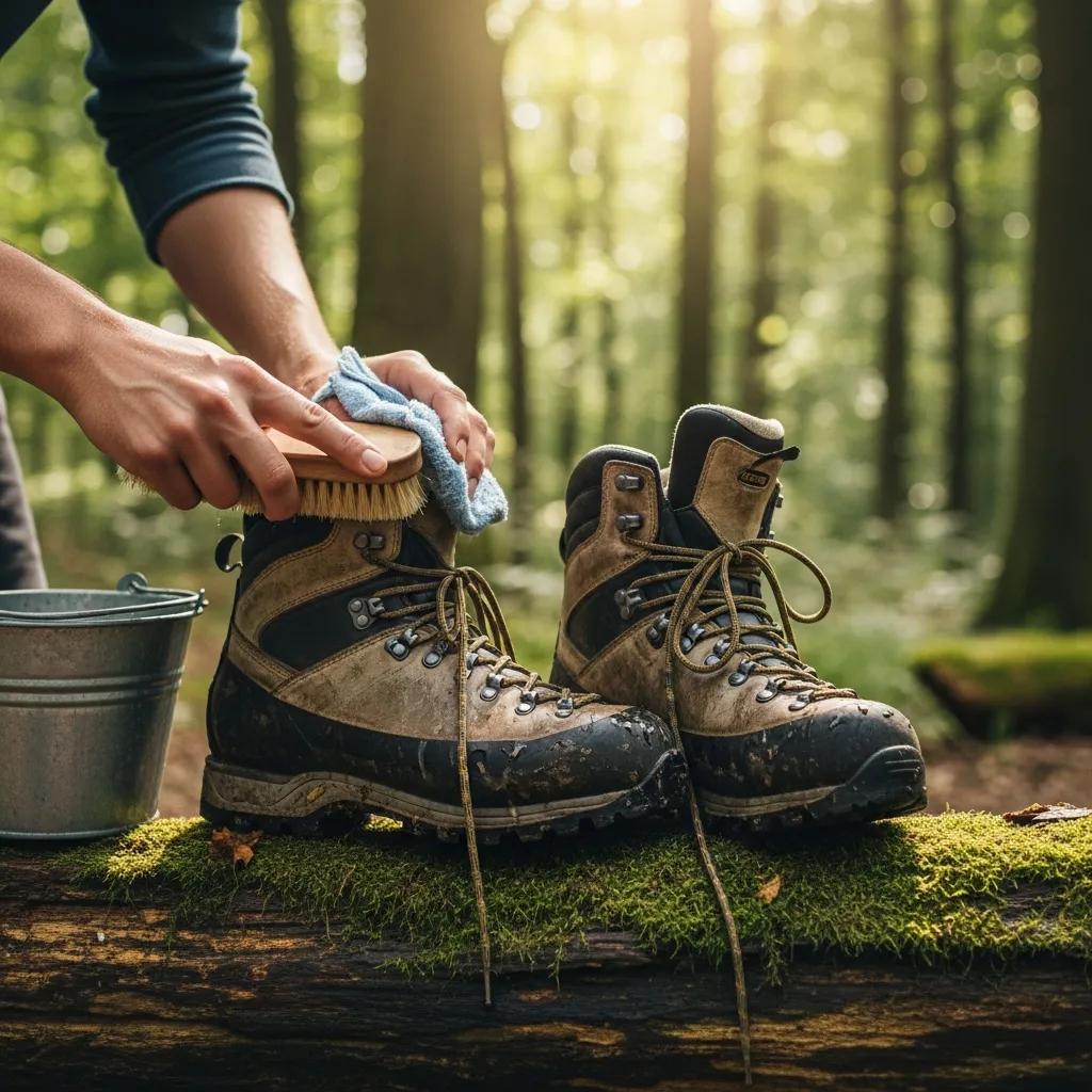 Person cleaning mountaineering boots outdoors, demonstrating care and maintenance practices