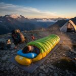 Person sleeping in a high altitude camping setting with a sleeping bag in a mountainous landscape