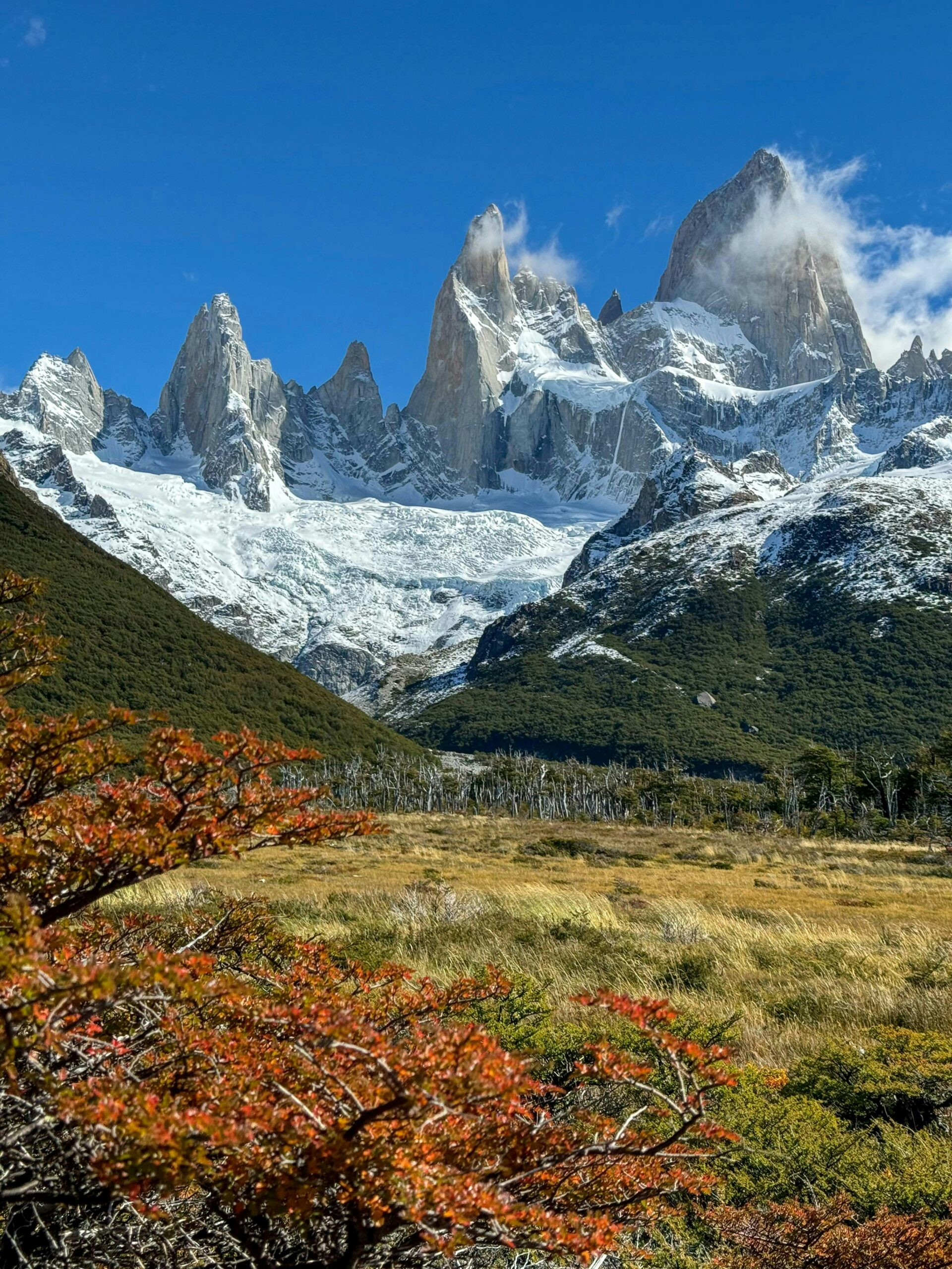 Patagonia's granite towers with snow-capped peaks and vibrant autumn foliage in the foreground, highlighting the breathtaking landscapes climbers encounter.