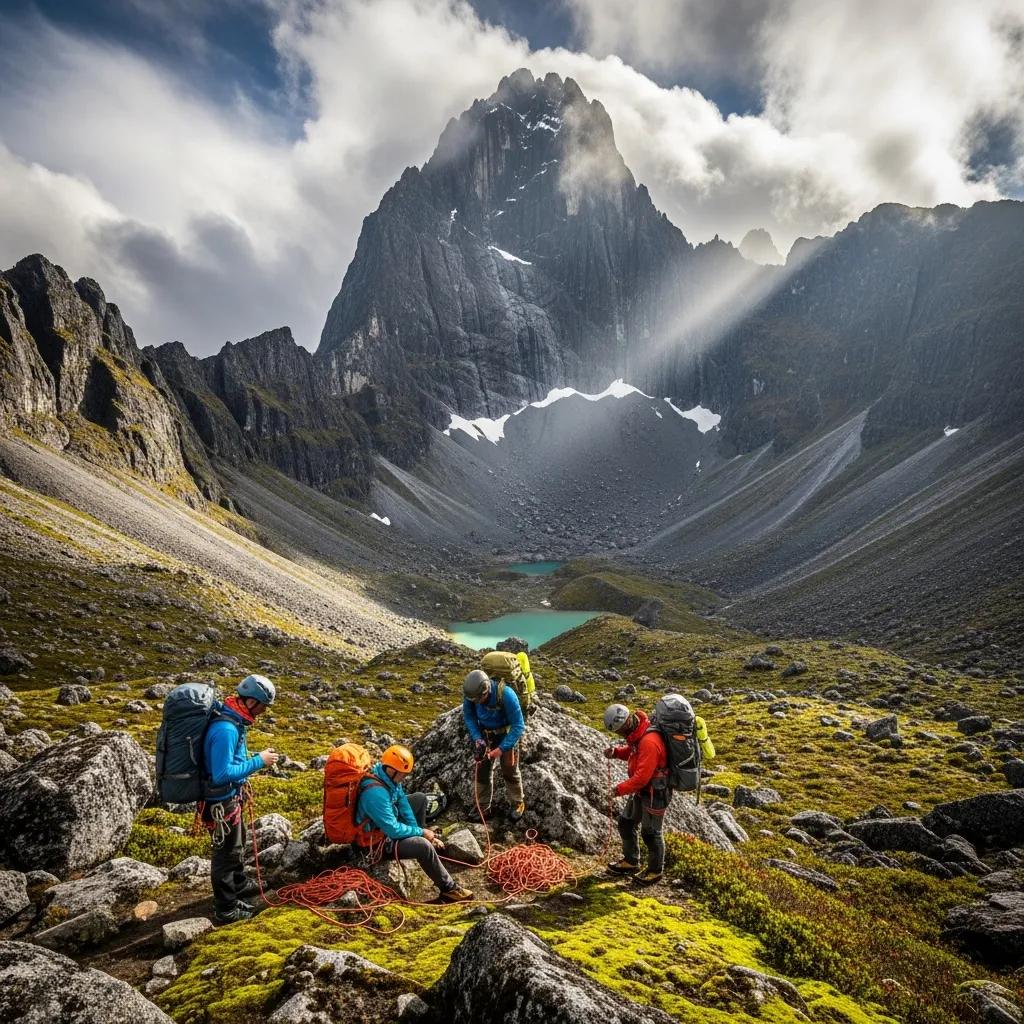 Puncak Jaya landscape with climbers preparing for ascent, highlighting the adventure of climbing Carstensz Pyramid