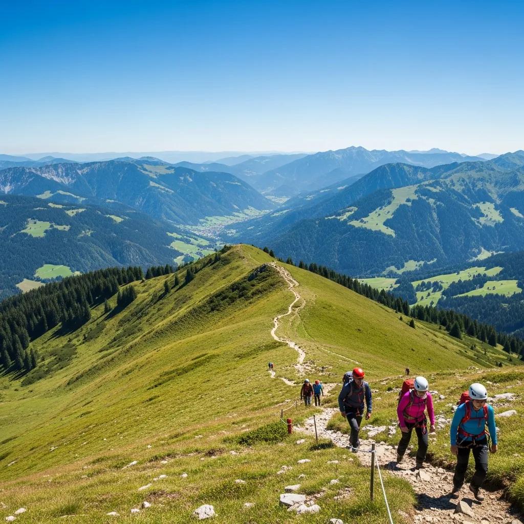 Scenic mountain view with hikers on a beginner-friendly climbing trail, showcasing lush green landscapes and distant peaks, representing suitable adventures for novice climbers.