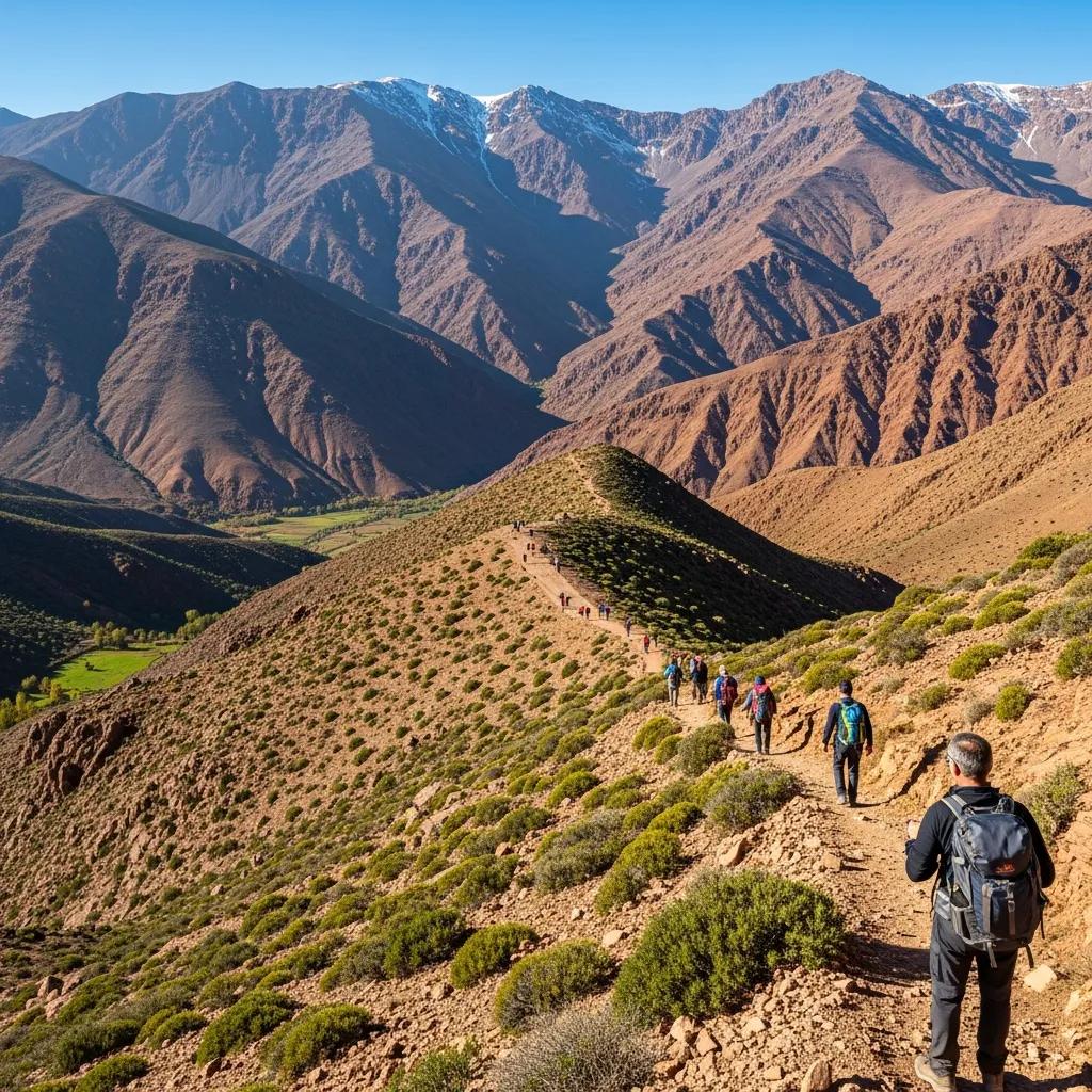 Scenic trekking route in the Atlas Mountains with hikers navigating diverse terrain, showcasing rocky peaks and lush valleys.