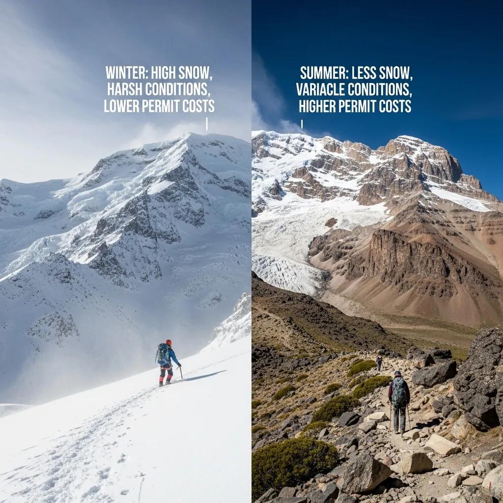 Seasonal variations of Aconcagua mountain showcasing winter and summer landscapes