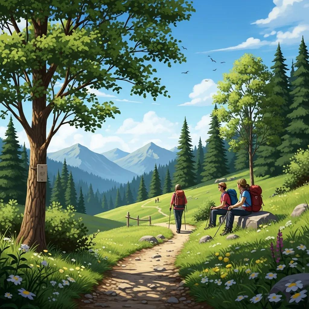 Serene alpine landscape with hikers enjoying an easy trail