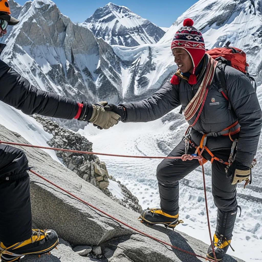 Sherpa guide assisting climbers on a steep section of Mount Everest