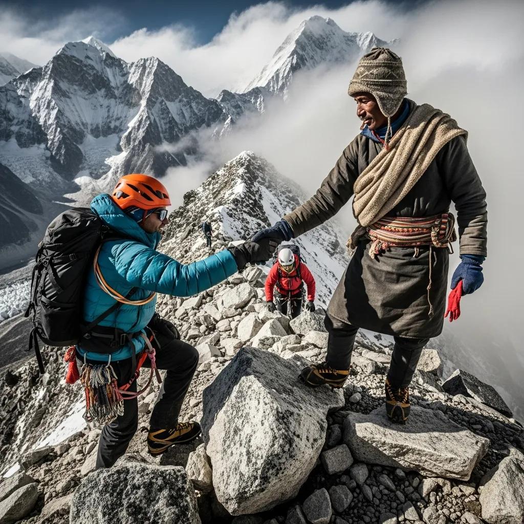 Sherpa guide assisting climbers on rocky terrain, illustrating the importance of support in Everest expeditions