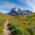 Stunning Patagonia landscape with Torres del Paine mountains and a hiking trail